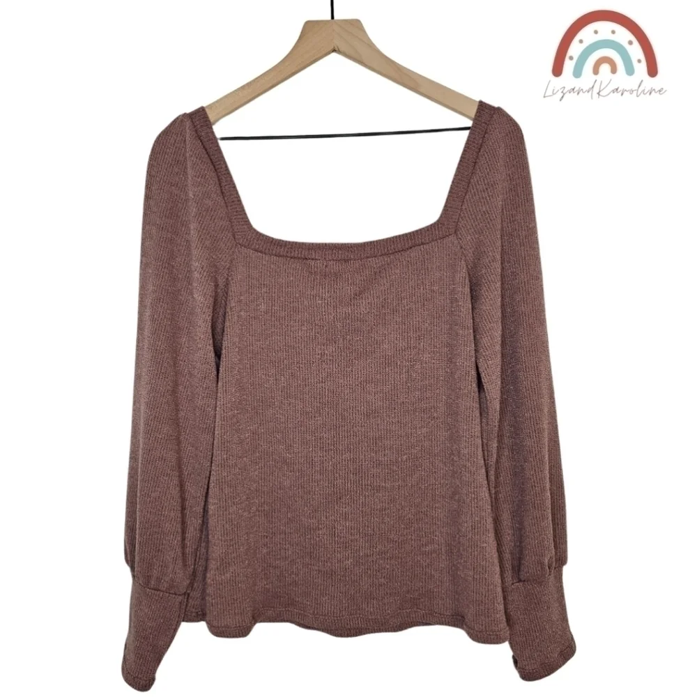 New! Heatherly Ribbed Knit Square Neck Sweater Top - Picture 3 of 11